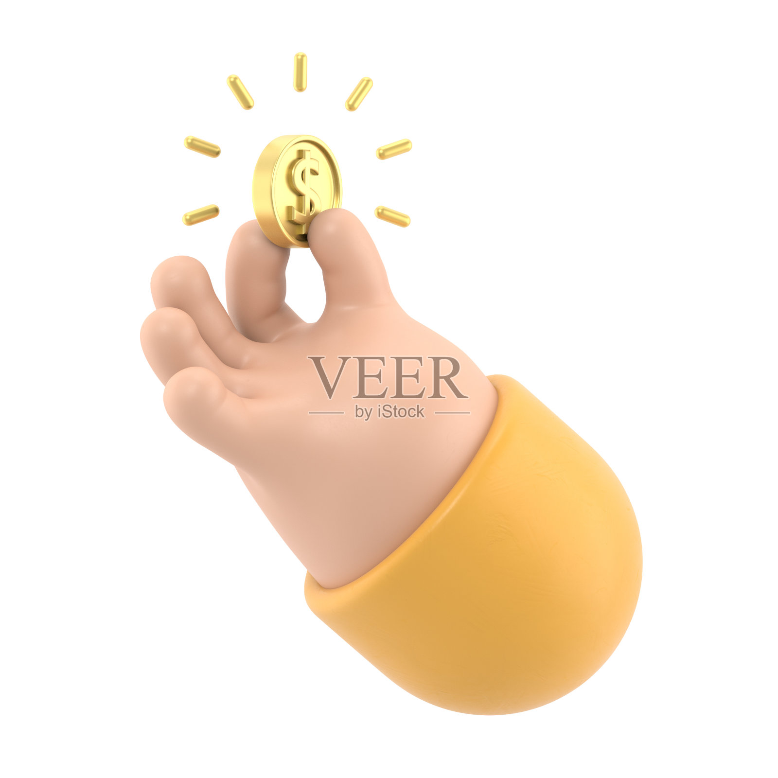 卡通手势图标模型。3d图标手与金币。货币概念,闪亮金币设计元素,白底3D渲染。照片摄影图片