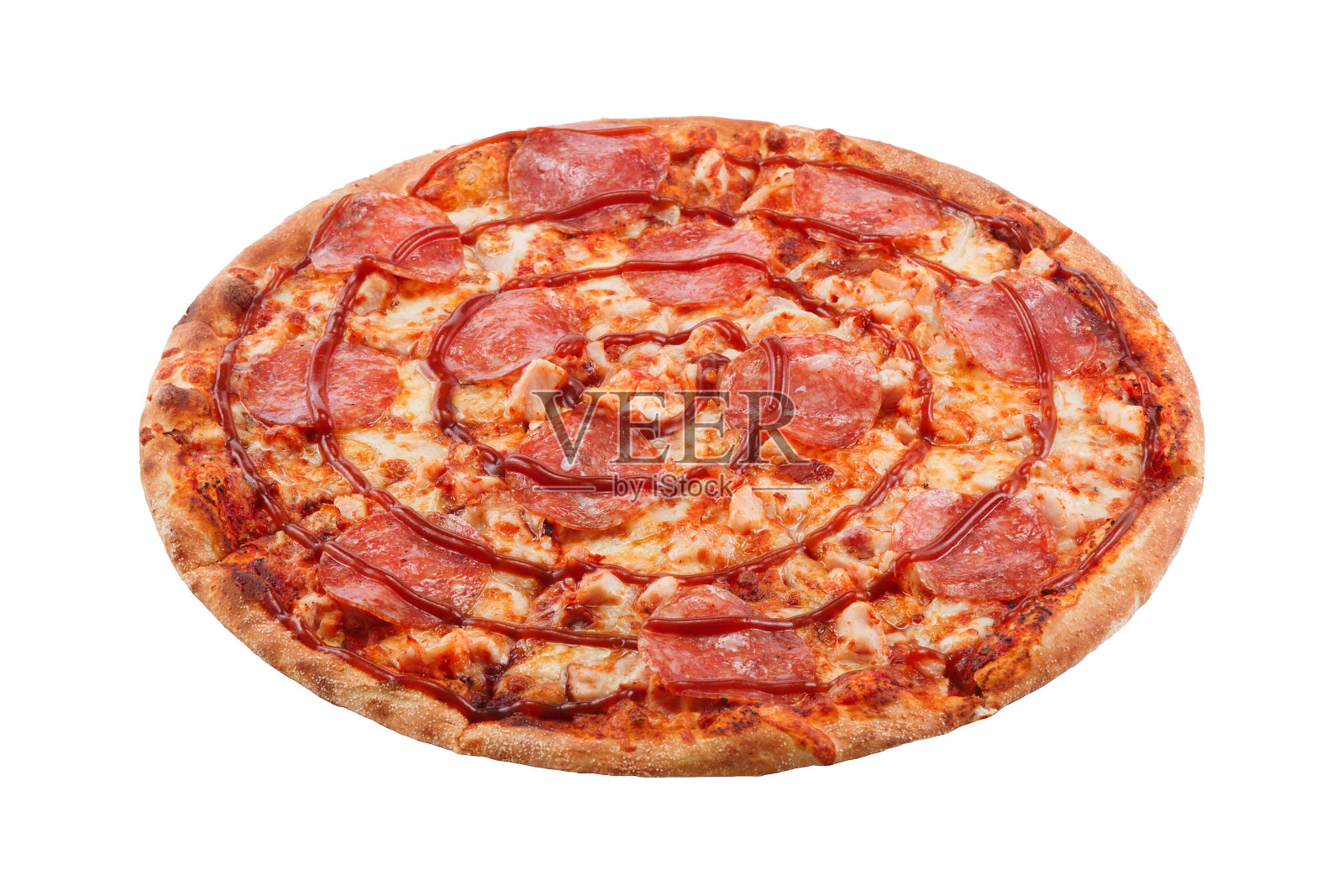 美味的经典意大利披萨香肠配香肠,鸡肉和奶酪马苏里拉奶酪照片摄影图片