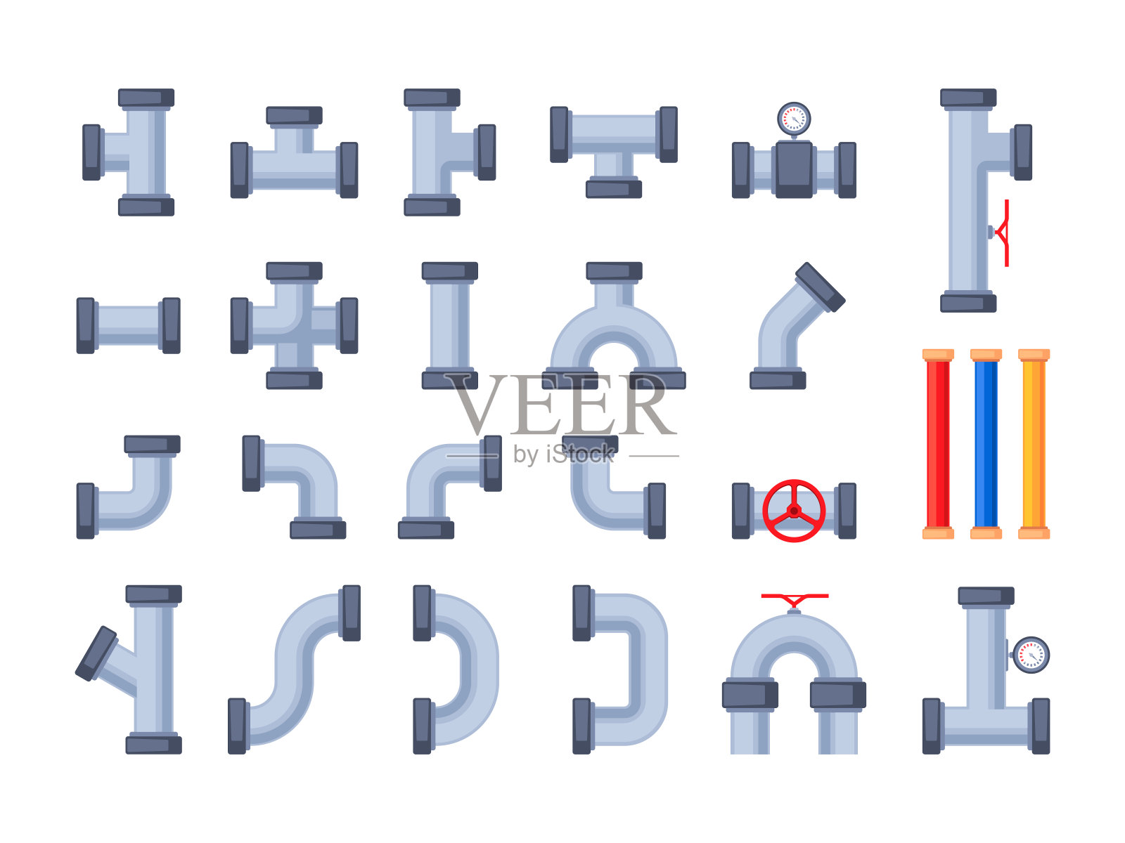管元素。给水管道工程系统详细说明,管道连接件施工采用管道和阀门排水系统。向量平坦集插画图片素材