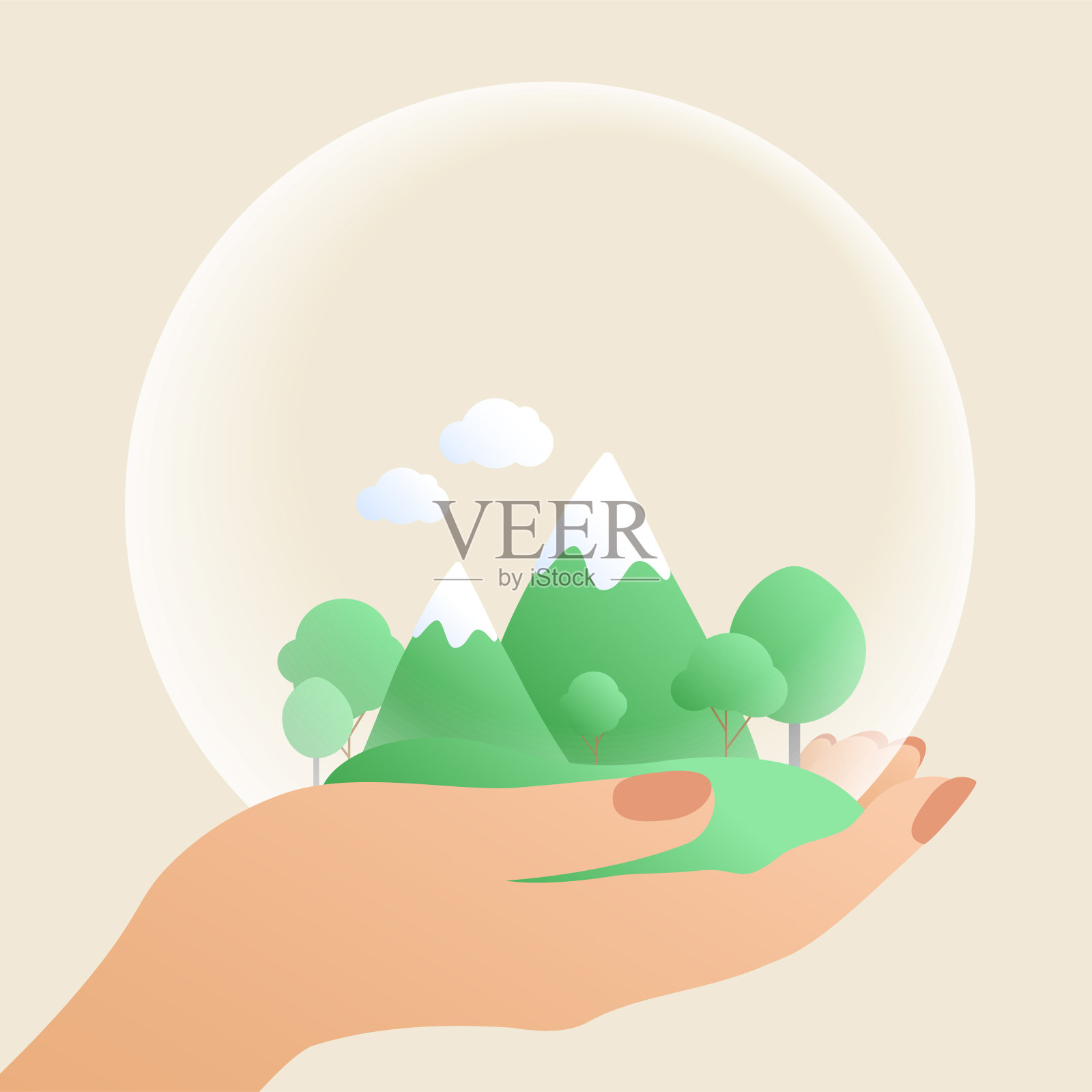 山川山水在女人手中插画图片素材