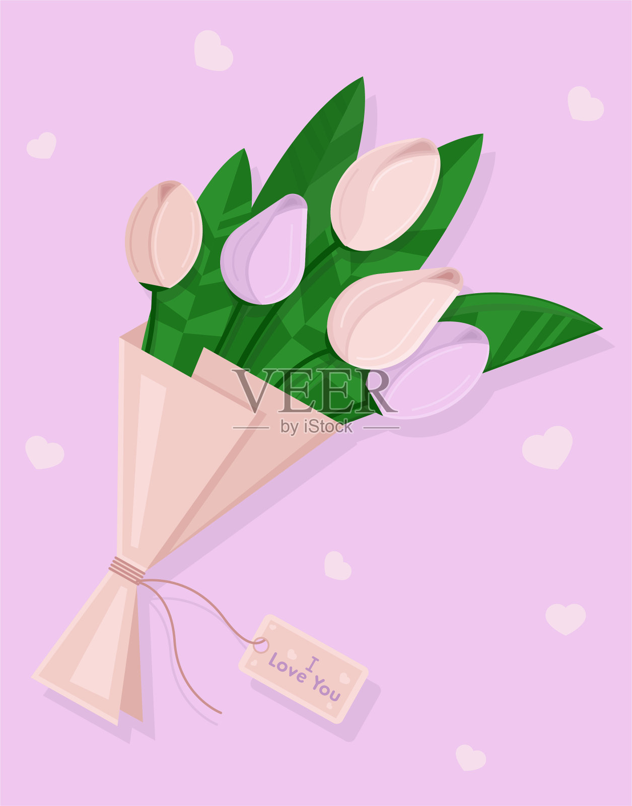 郁金香花束与“我爱你”留言卡矢量插画插画图片素材