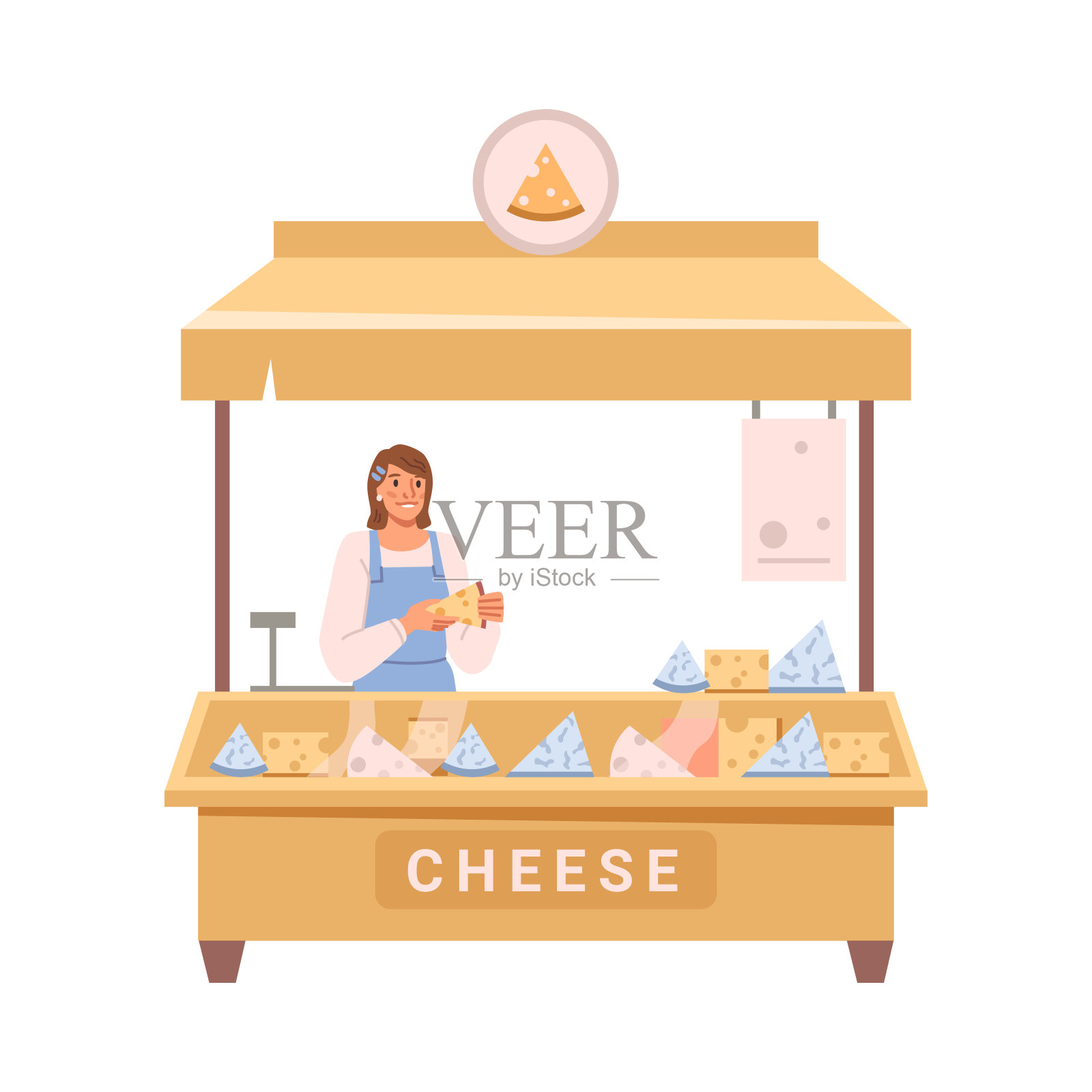 卖农场或自制产品的奶酪街亭或摊位。妇女提供各种各样的乳制品,村舍和硬奶酪。平面漫画,矢量插图插画图片素材