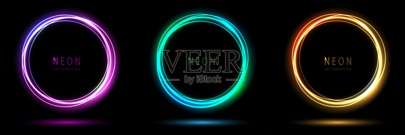 渐变霓虹灯圈框架。收集圆形发光霓虹灯在黑暗的背景与复制空间。社交媒体故事的图形元素。矢量设计。插画图片素材