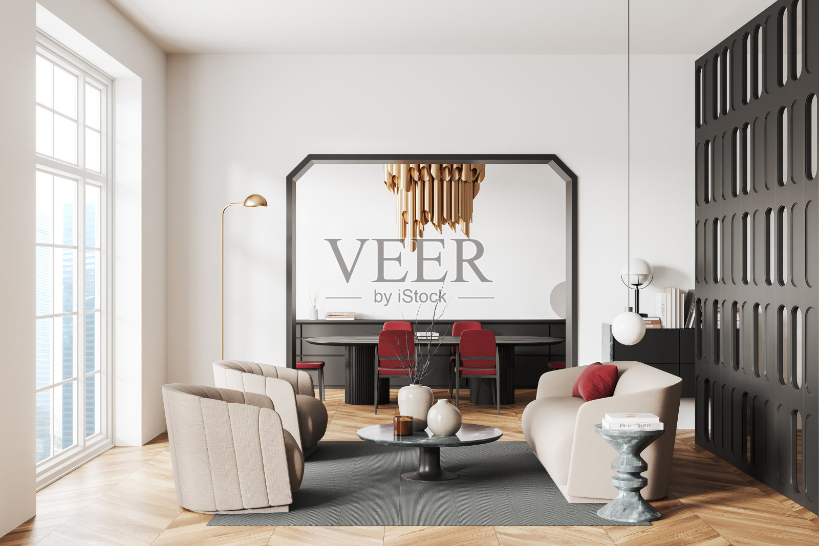 现代客厅内部,背景是放松和用餐区照片摄影图片