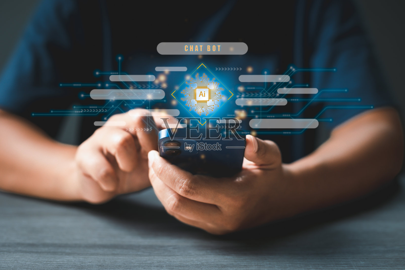 智能手机上的数字AI聊天机器人交流和互动帮助企业。机器人应用,对话助手,数字聊天机器人虚拟屏幕。人工智能系统。照片摄影图片