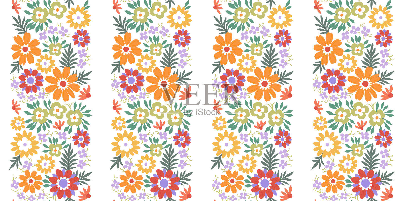 白色背景上有桔红色、绿色和紫色的花朵和绿叶的图案。插画图片素材