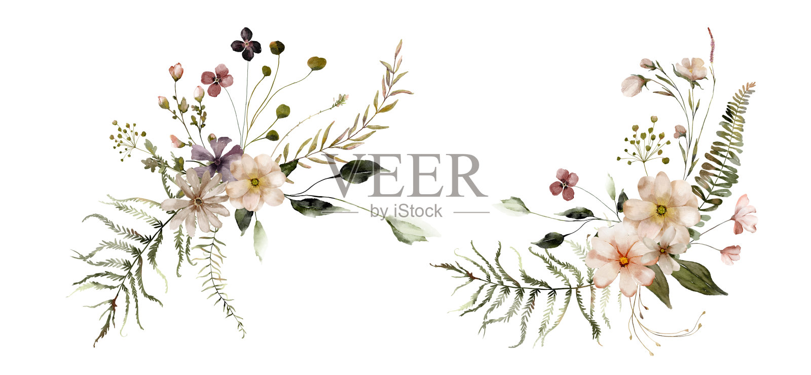 水彩仲夏花束收集与手绘精致的叶子,花朵。浪漫的花卉布置完美的婚礼贺卡,请柬。插画图片素材