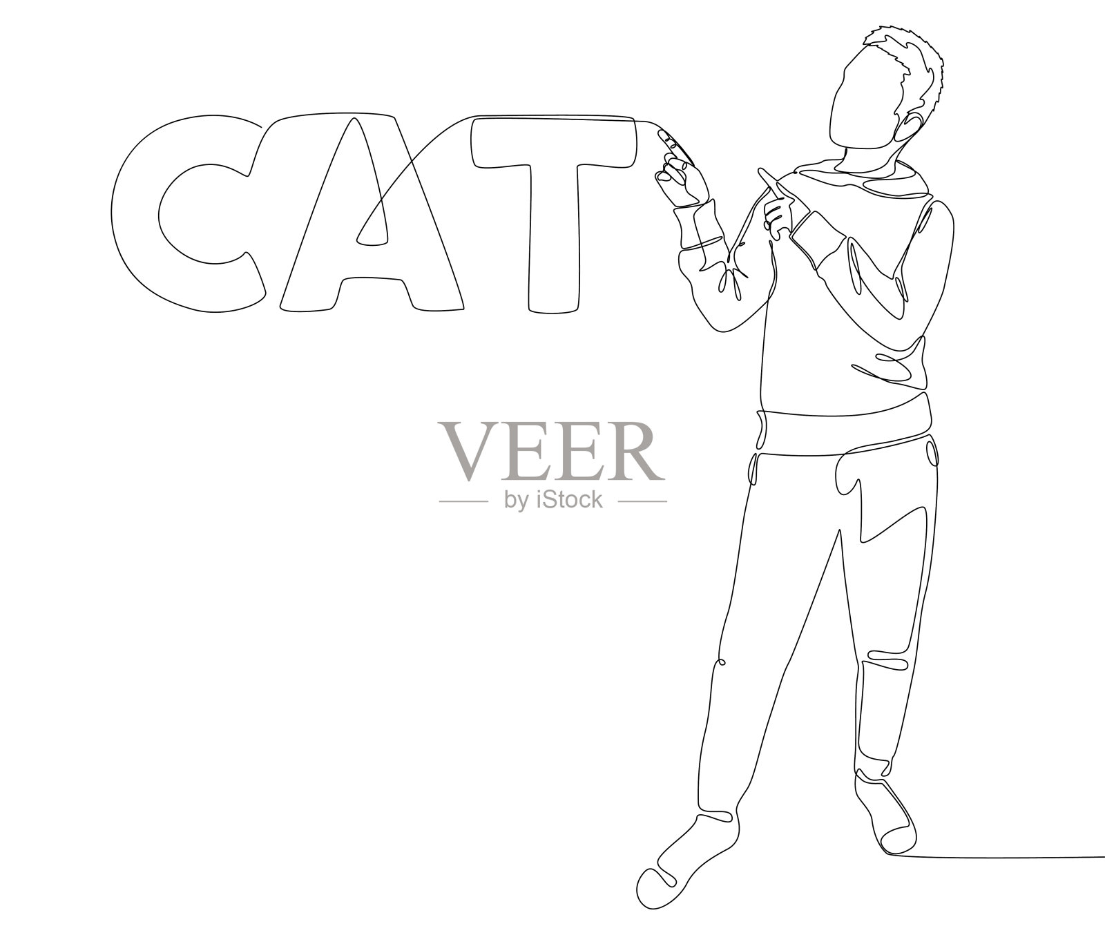 一排连续的人用手指指着猫字。细线插图矢量概念。轮廓图创意。插画图片素材