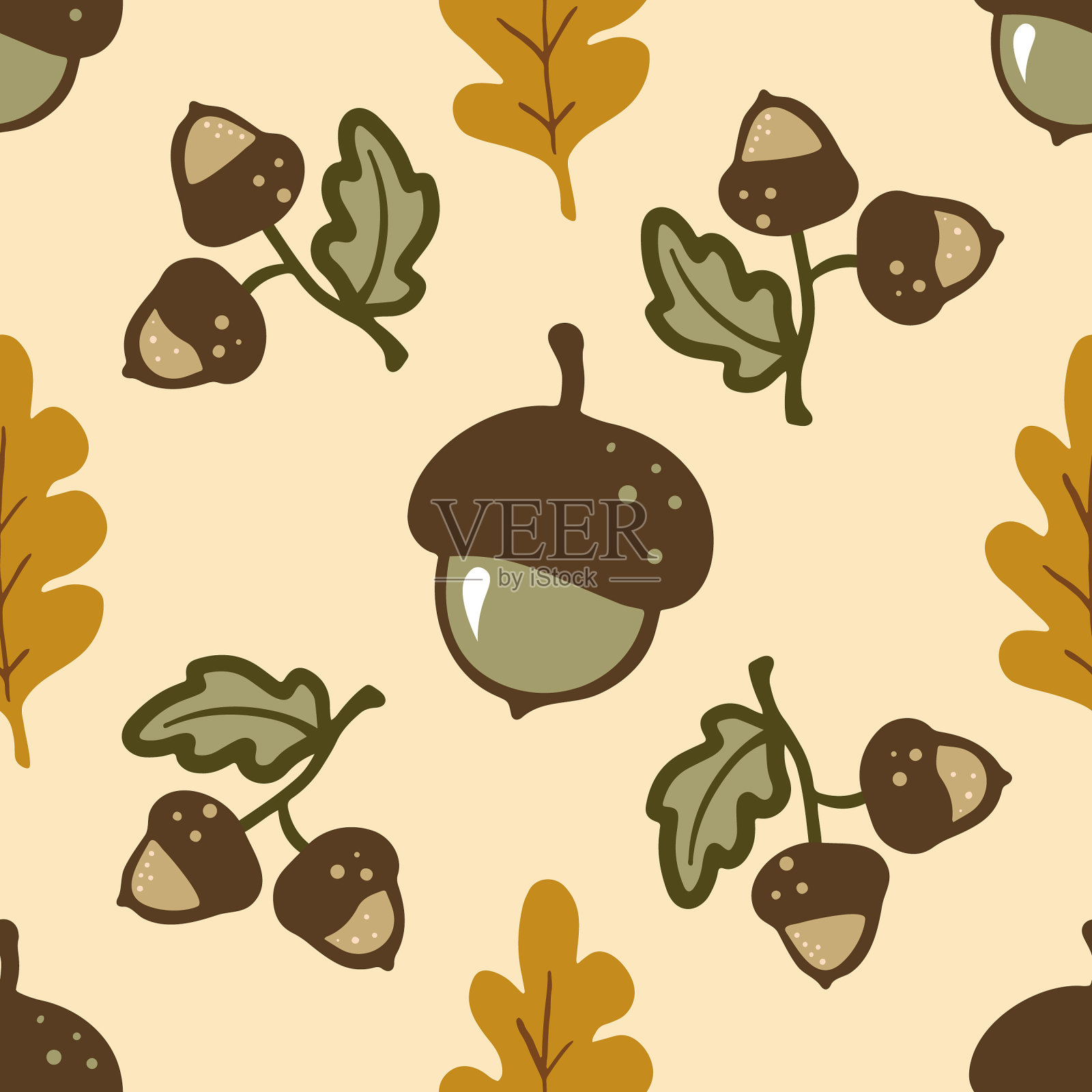 可爱的手绘橡子和橡树叶无缝图案插画图片素材