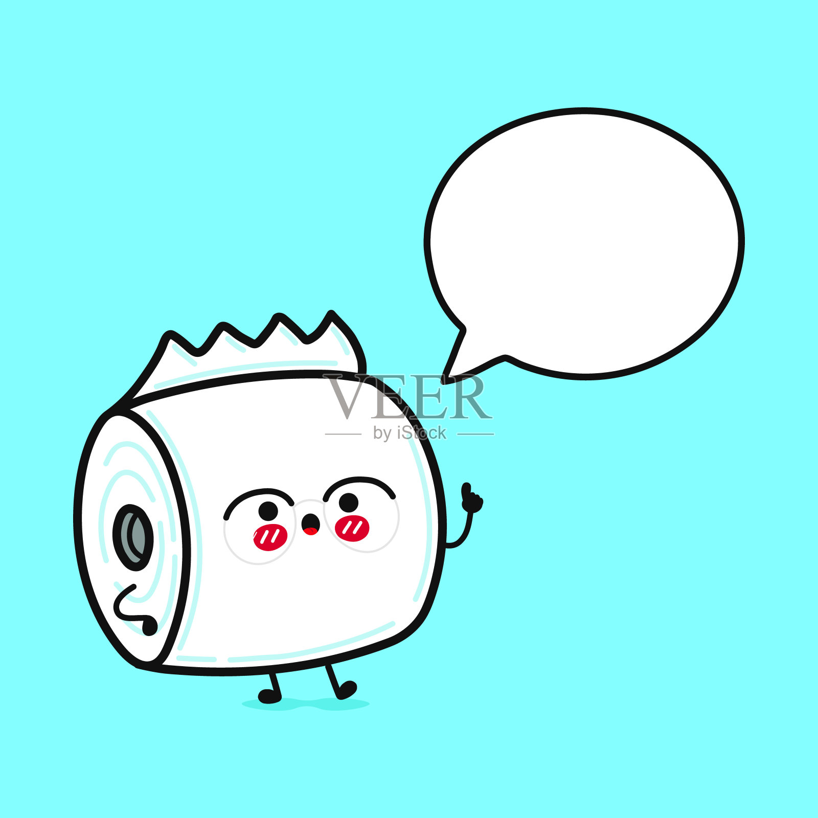 可爱有趣的带有语音泡泡的厕纸。矢量手绘卡通卡哇伊人物插图图标。孤立在蓝色背景上。厕纸人物概念插画图片素材