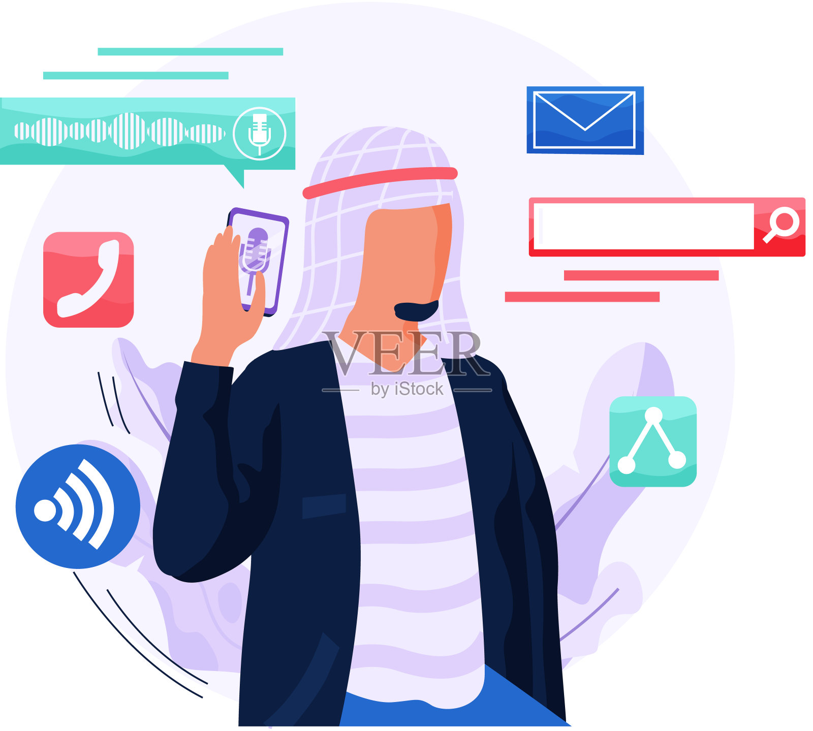 穆斯林男子手持手机及其功能符号,白色背景上的平面图标插画图片素材