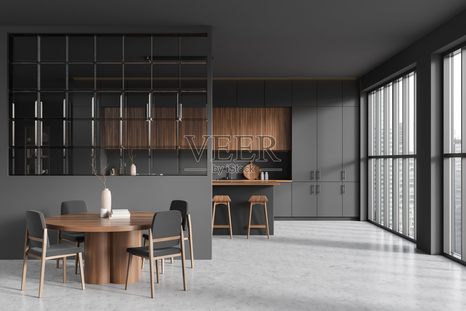 正面视图的黑暗厨房房间内部与岛,酒吧凳照片摄影图片