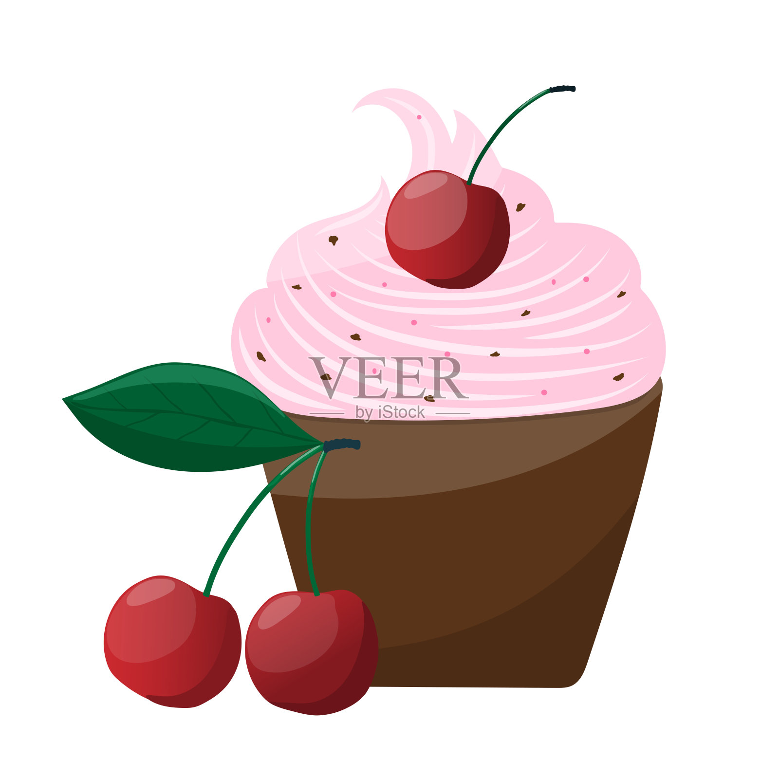 纸杯蛋糕,上面有巧克力和樱桃。插画图片素材