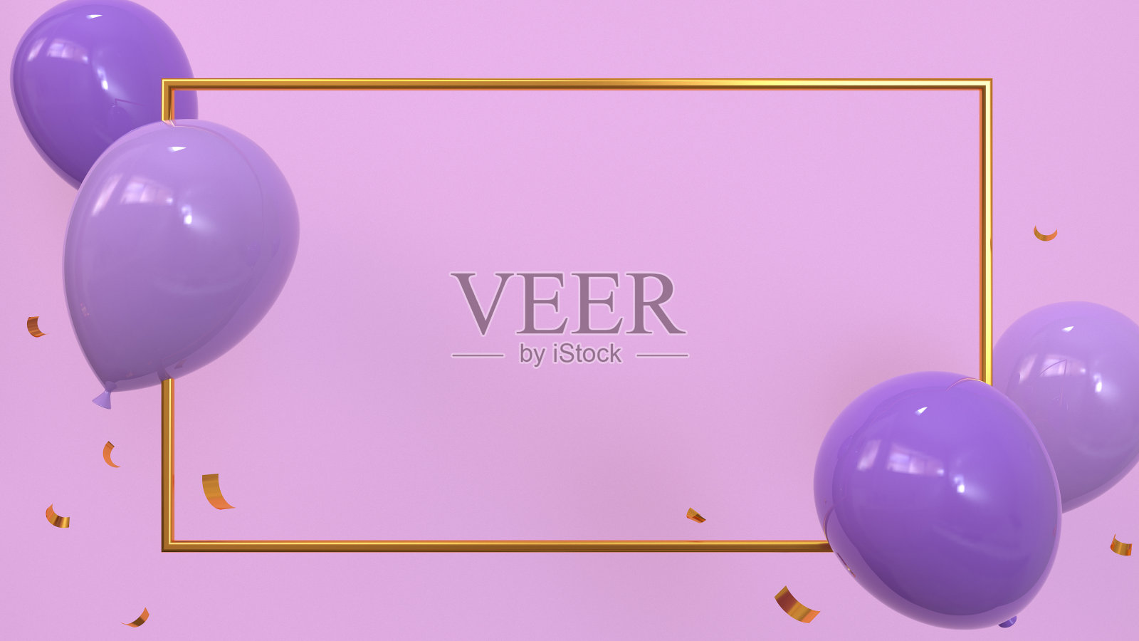 金色的框架,紫色的背景,角落里有气球,用五彩纸屑装饰。节日横幅和海报。3 d渲染。照片摄影图片
