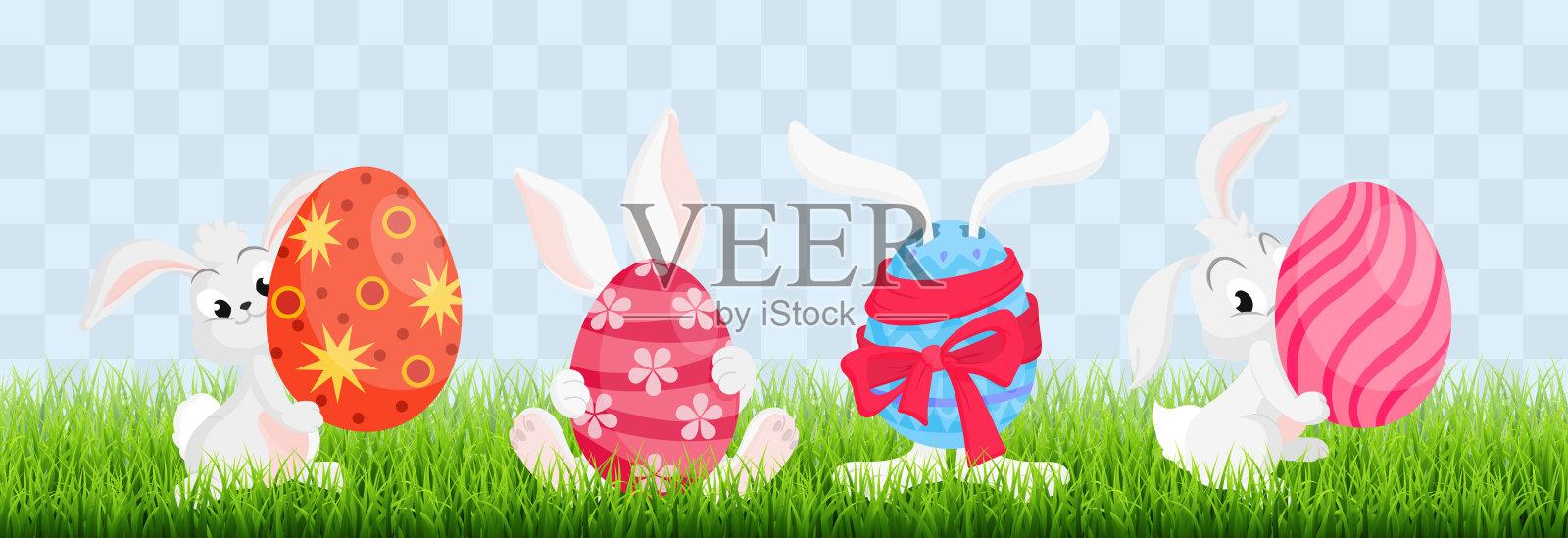 一套快乐的复活节小鸡。可爱的复活节小鸡把彩蛋藏在草地里。矢量插图隔离在透明背景上。春假概念。插画图片素材