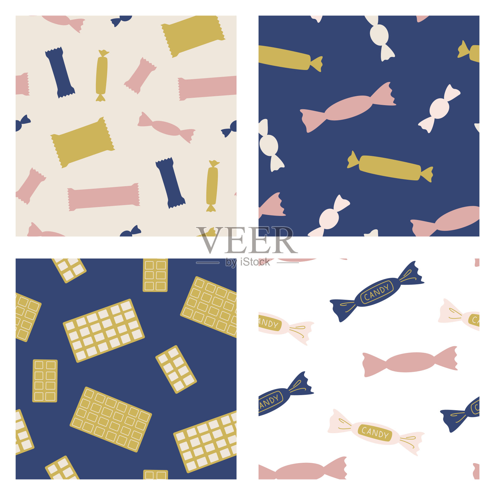 一套无缝矢量糖果图案。收集糖果背景的织物,纺织品,封面,设计等。插画图片素材