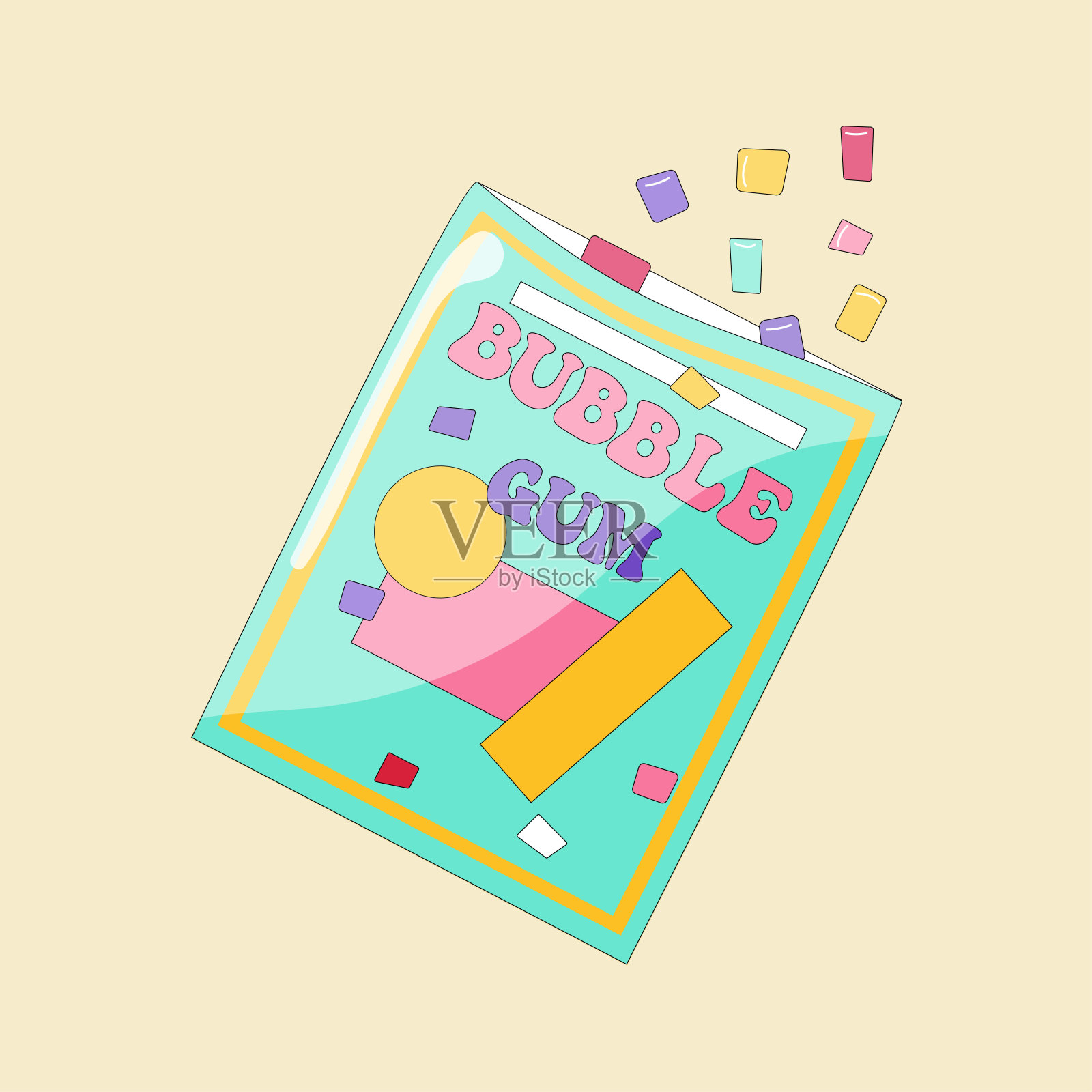 彩色口香糖垫盒包装。经典的80年代或90年代的潮流风格矢量插图。插画图片素材