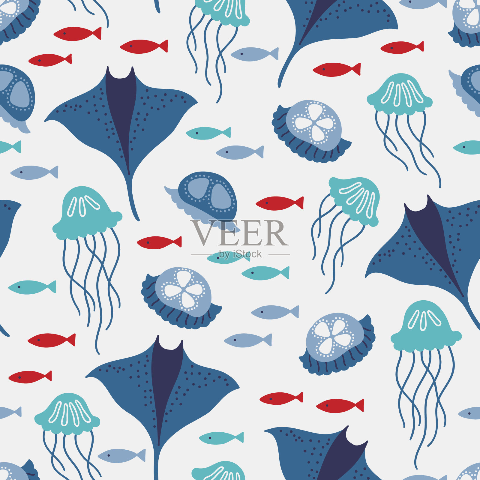 海洋无缝模式与黄貂鱼,鱼类,水母在白色背景插画图片素材