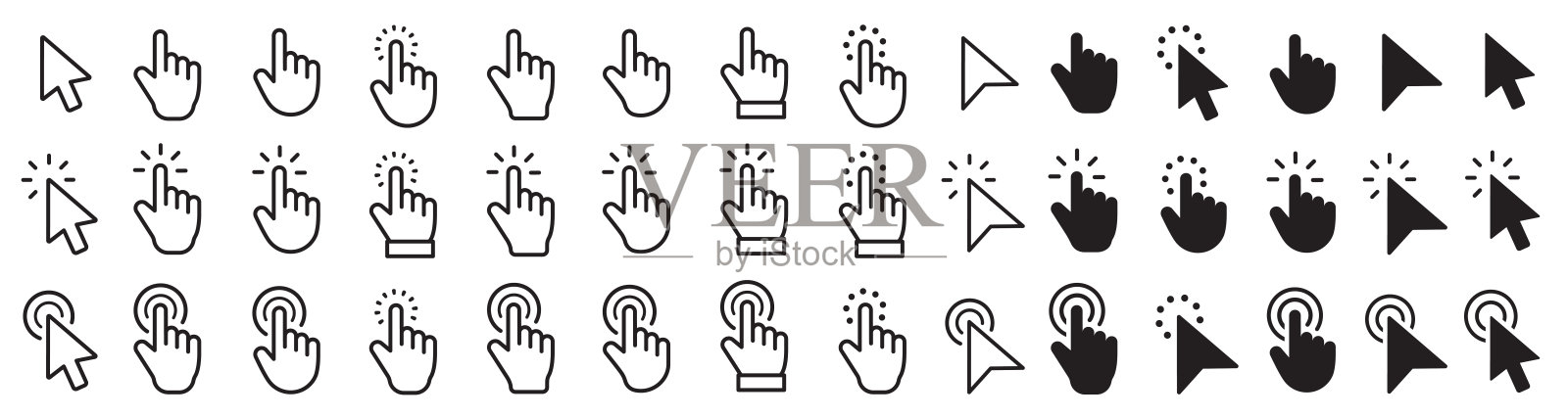 Pointer cursor Ñomputer mouse icon. Clicking cursor, pointing hand clicks icons. Computer mouse click cursor collection. Click cursor - stock vector.图标素材