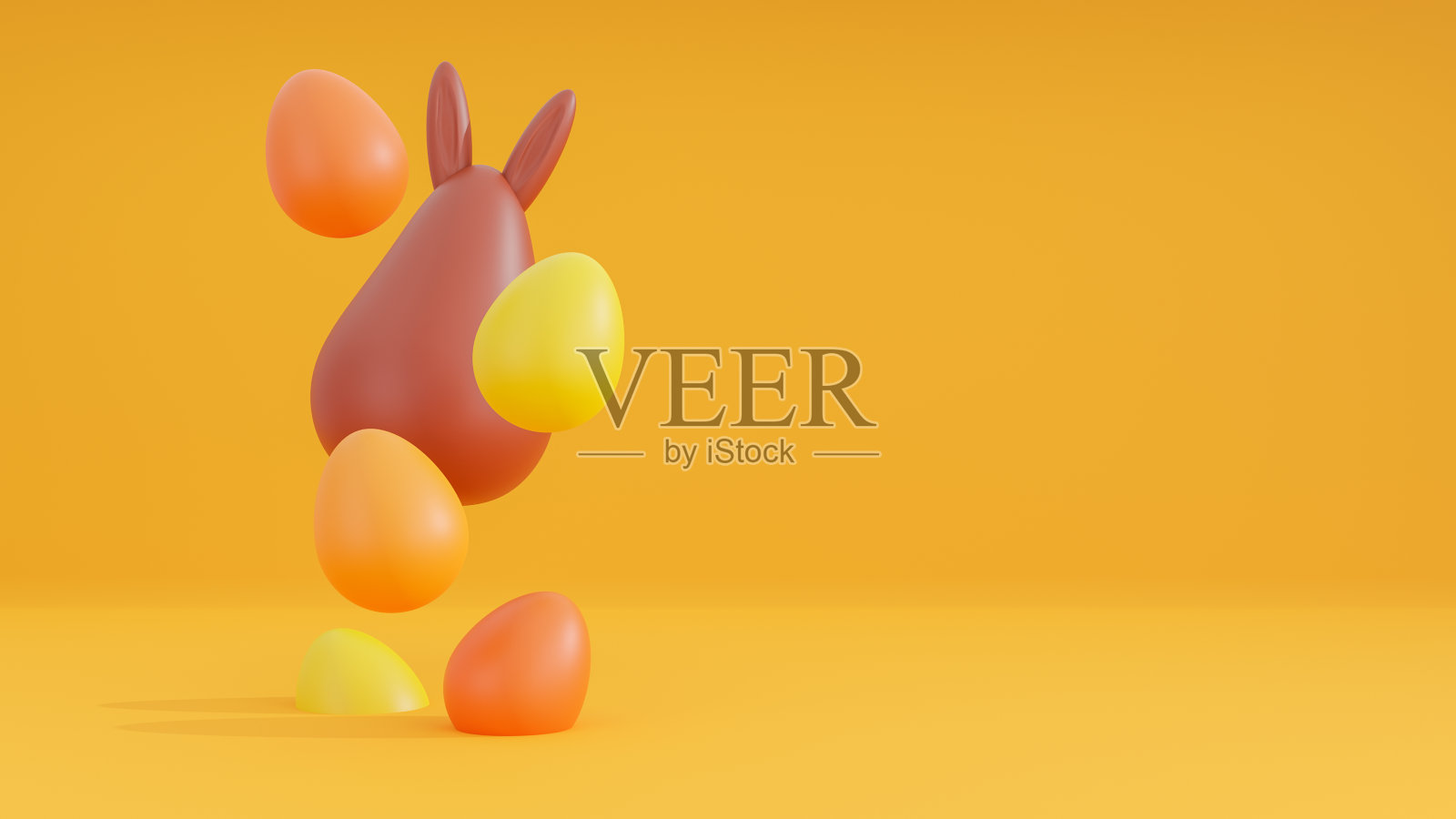 复活节海报和横幅模板,复制空间的兔子雕像和复活节彩蛋狩猎在黄色背景。三维渲染照片摄影图片