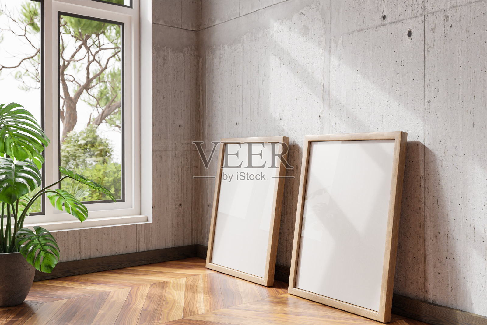 单空帆布海报靠在墙上模仿;明亮的阳光透过一扇大窗户照射进来;家居装饰设计;三维演示照片摄影图片