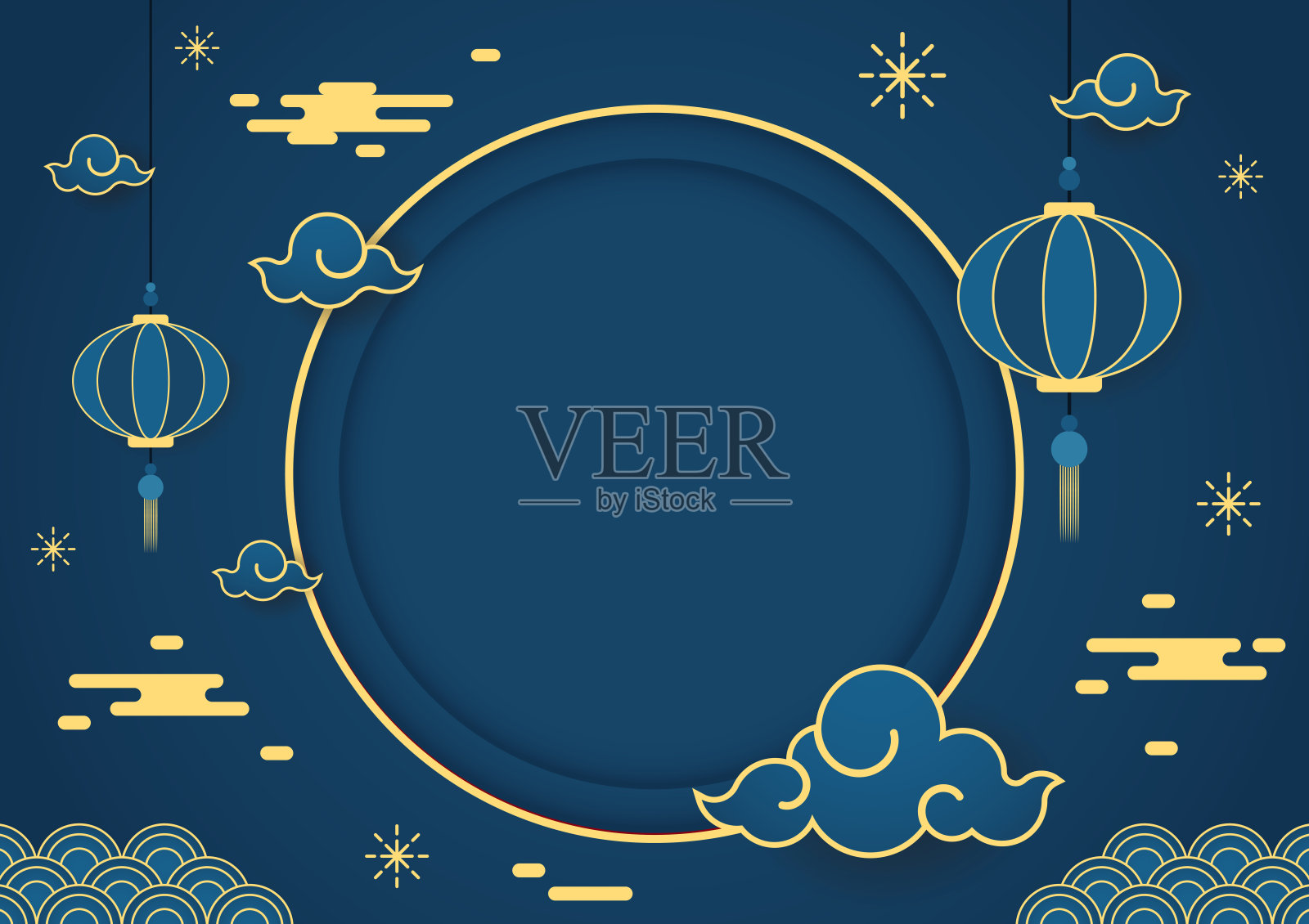 2024年中国新年快乐。中国新年旗帜与圈为展示产品。贺卡。中国框架与灯笼在蓝色背景。插画图片素材