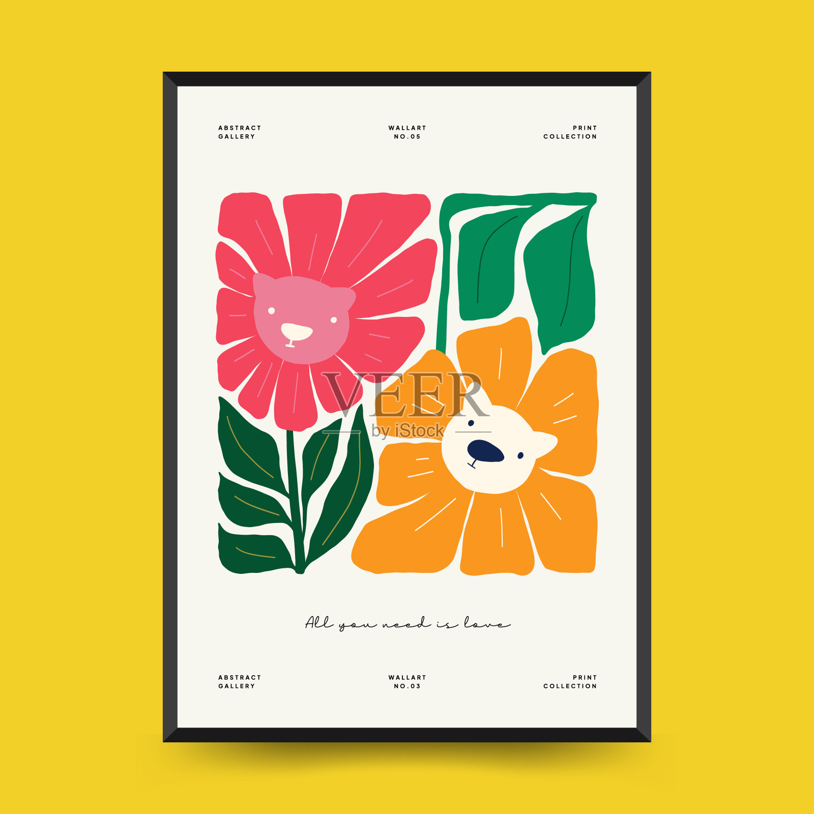 抽象花卉海报模板。现代流行的马蒂斯简约风格。粉色和蓝色。手绘设计的墙纸,墙壁装饰,印刷,明信片,封面,模板,横幅。插画图片素材