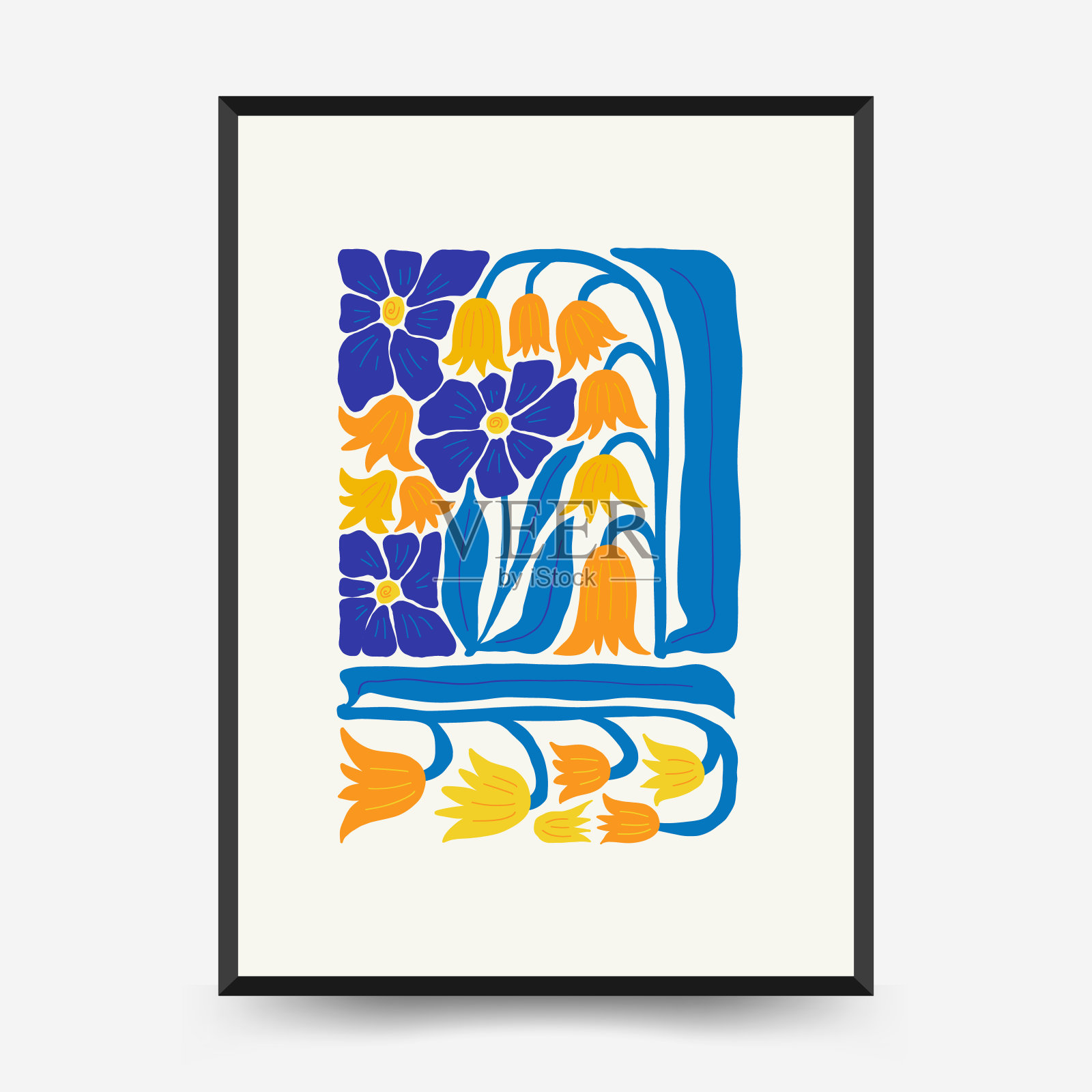 抽象花卉海报模板。现代流行的马蒂斯简约风格。粉色和蓝色。手绘设计的墙纸,墙壁装饰,印刷,明信片,封面,模板,横幅。插画图片素材