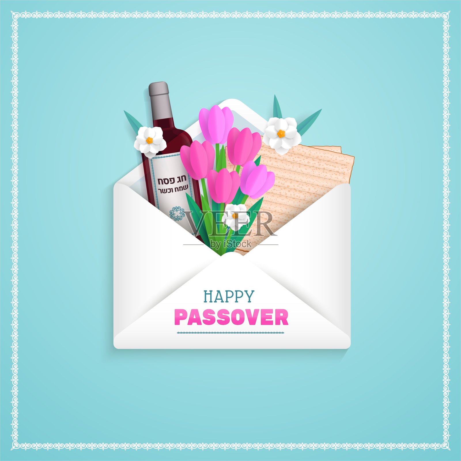 逾越节贺卡或横幅。节日象征无酵饼,美酒和春花。希伯来语逾越节快乐。插画图片素材