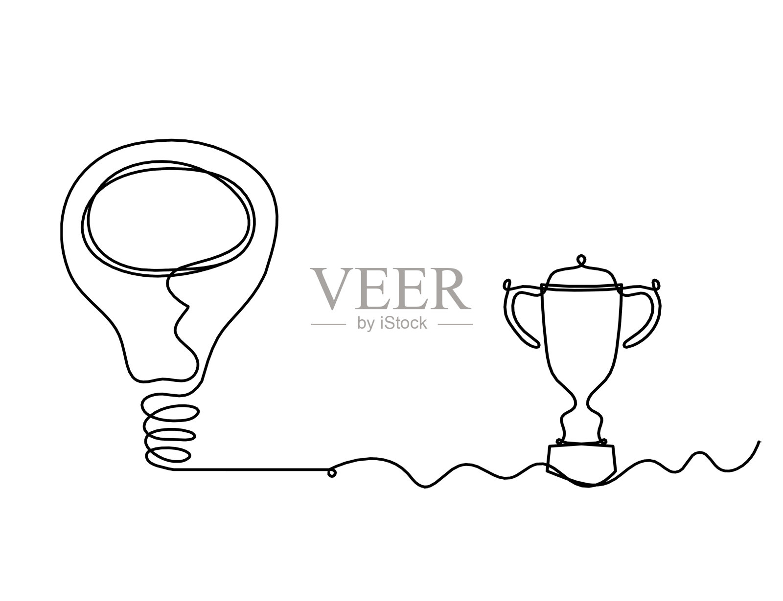 抽象灯泡与奖杯作为线画在白色插画图片素材