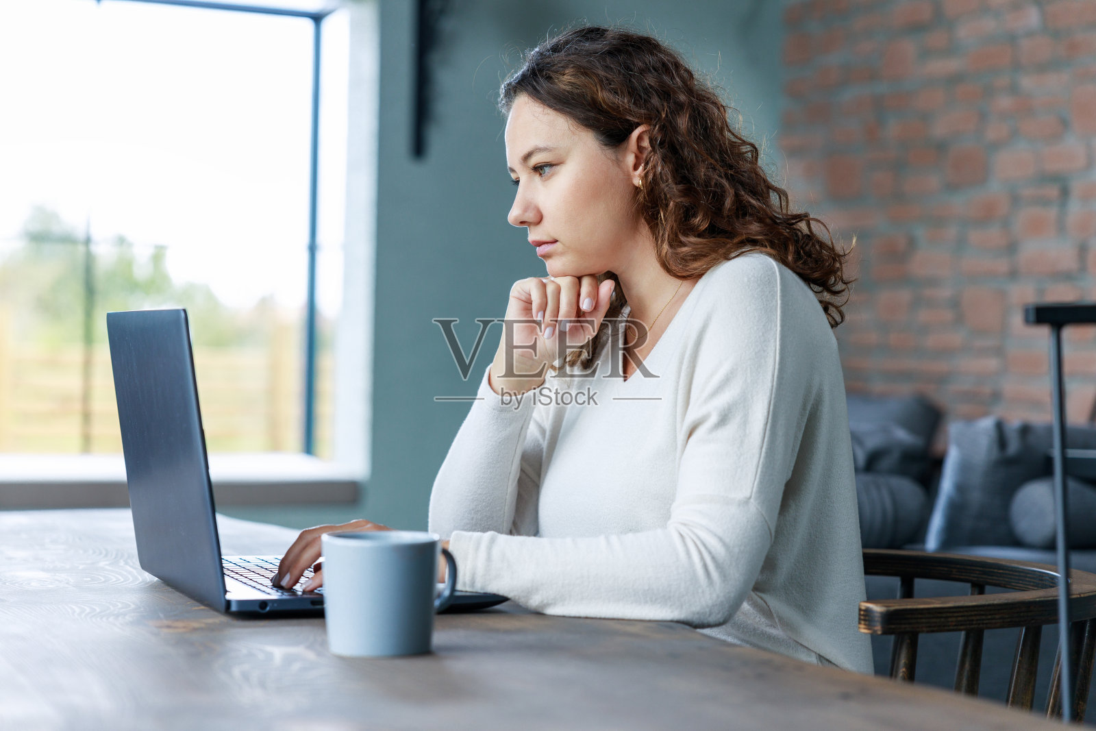 年轻的女企业家在家工作。女商人在家庭办公室使用笔记本电脑照片摄影图片