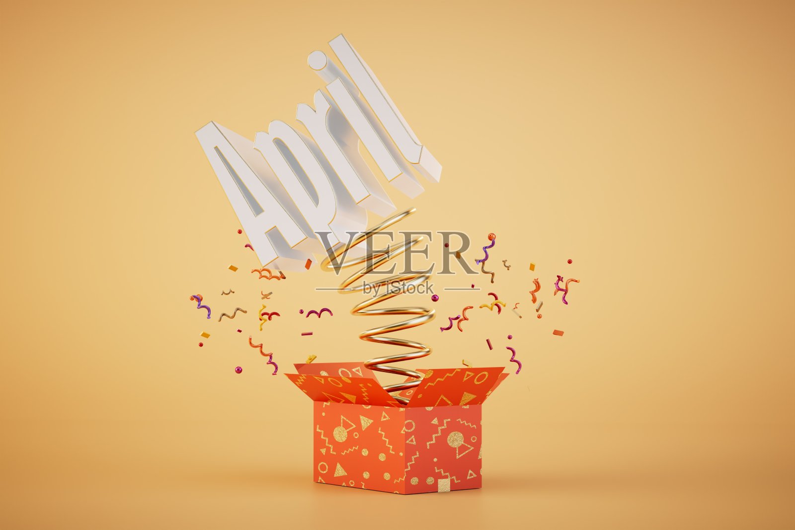 愚人节庆祝活动。带有飞行弹簧的盒子,上面刻有“四月。3D渲染”字样照片摄影图片
