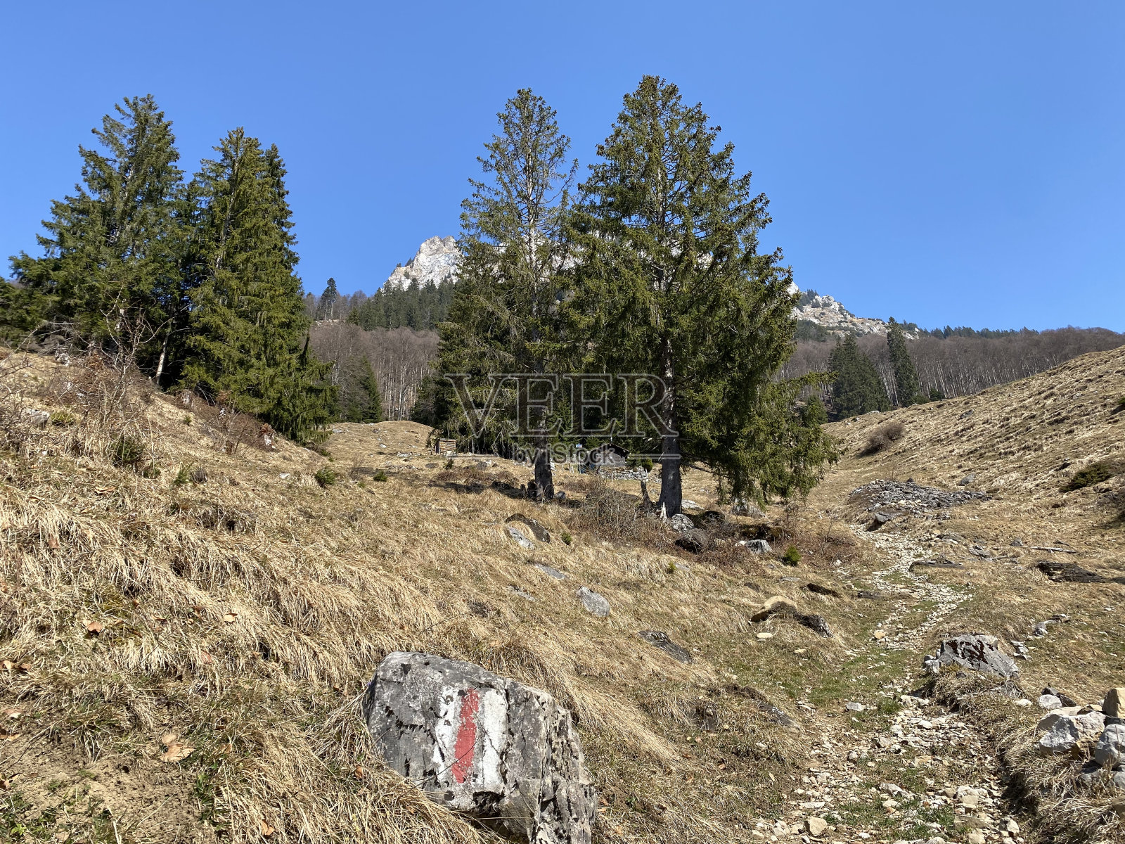 Klöntalersee水库湖(或Klontalerse)周围和Klö的ental高山山谷(或Klental)斜坡上的登山路标和标记-瑞士格拉鲁斯州(Schweiz)照片摄影图片