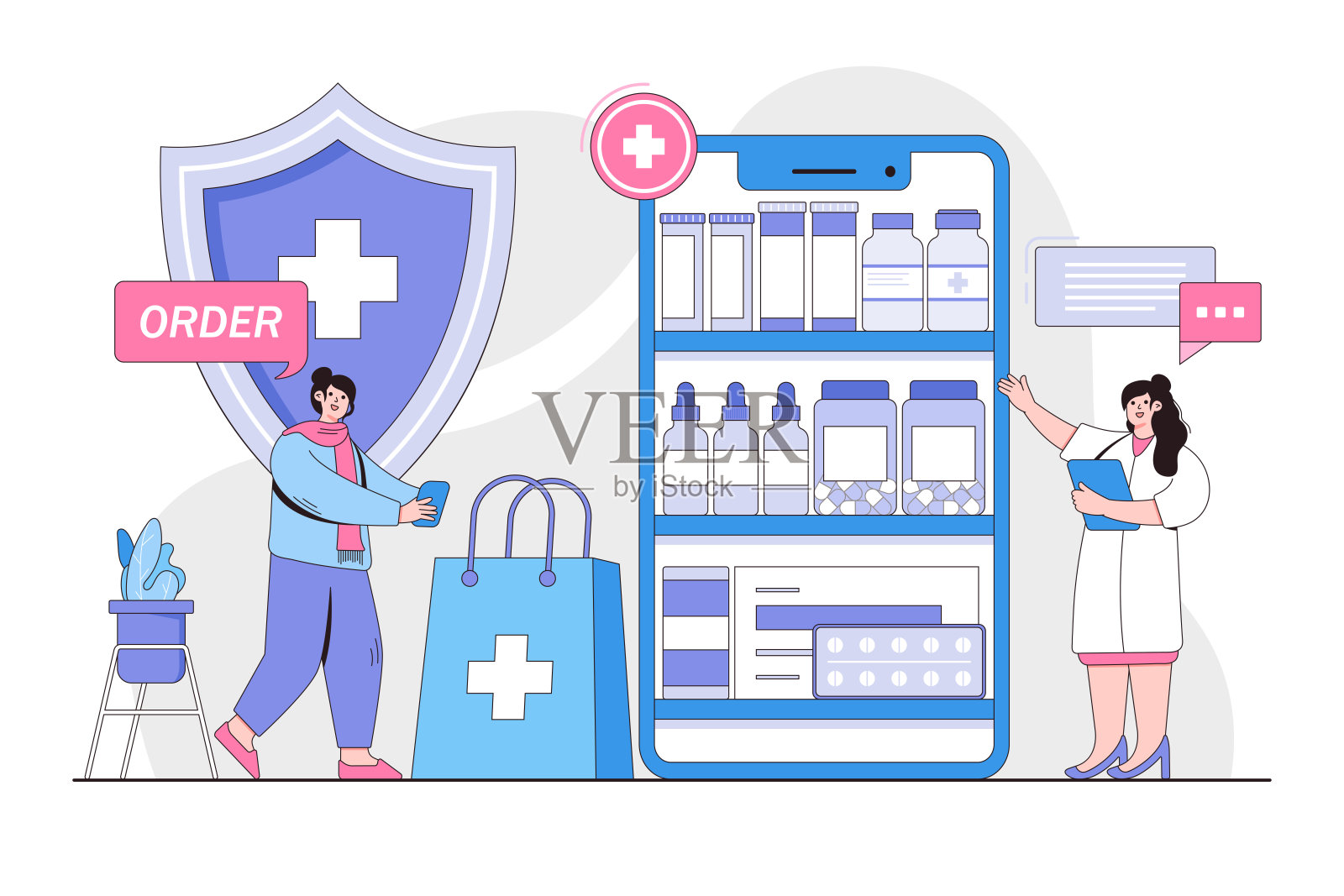 网上买药的概念。在网上药店购买药品的移动服务或应用程序。大纲设计风格最小的矢量插图登陆页,网页横幅,英雄图像插画图片素材