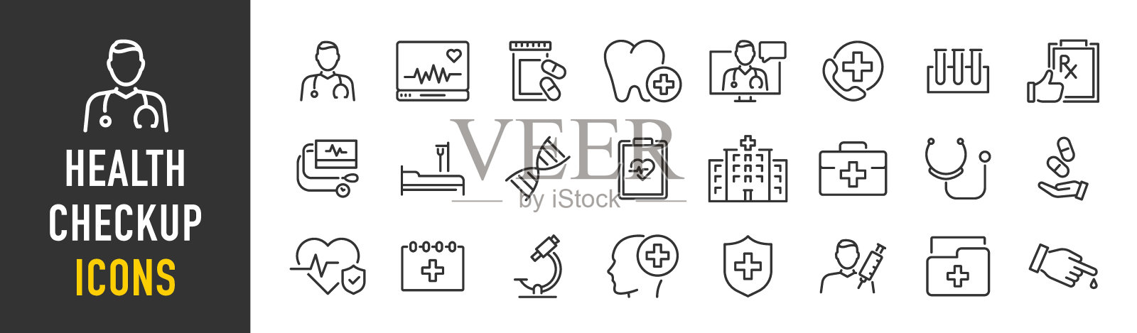 Set Medical Сheck up web icons in line style. Medicine, medical card, RX, doctor, virus, testing, lab, infographic collection. Vector illustration.图标素材