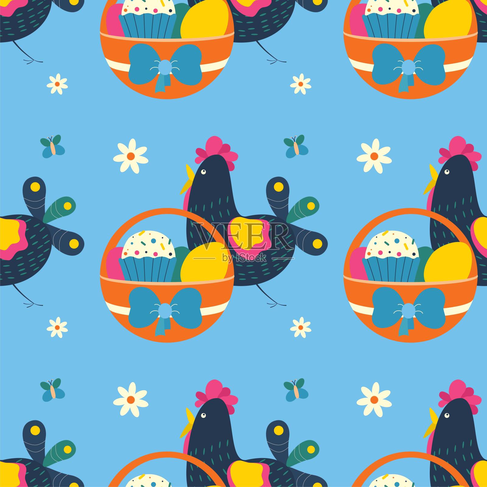 复活节图案与篮子与彩色鸡蛋,复活节纸杯蛋糕,鸡,花,蝴蝶。插画图片素材