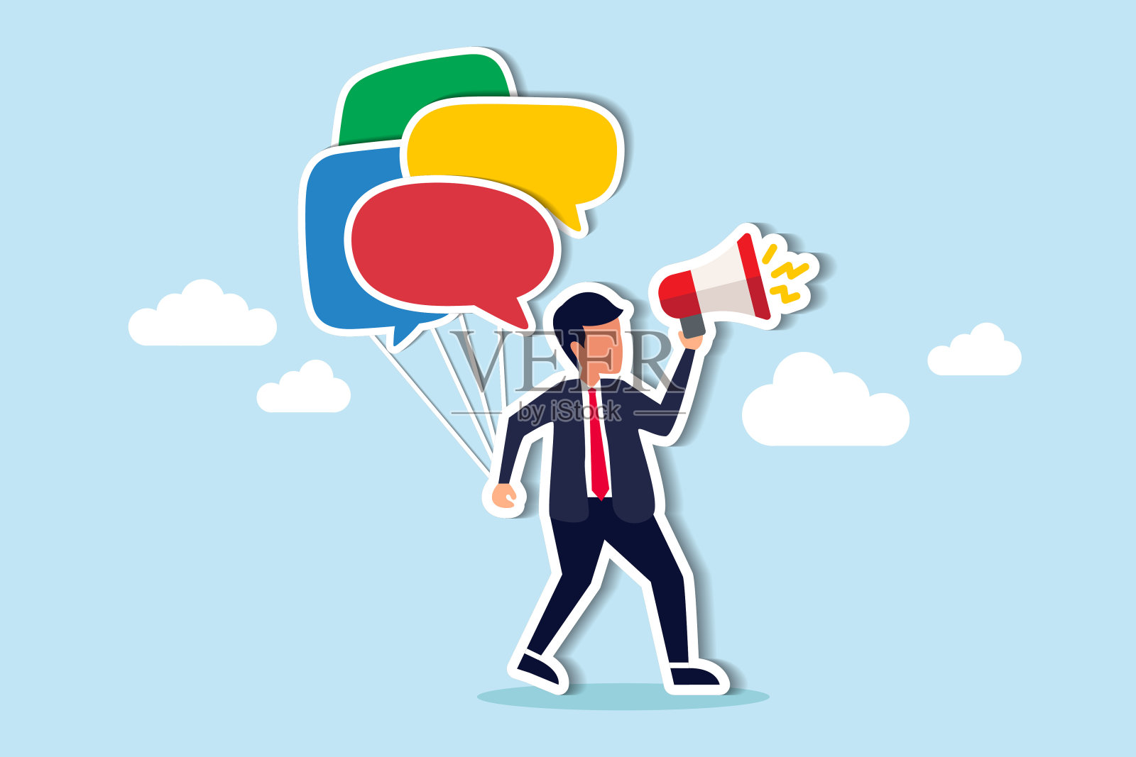 沟通或公关,公关经理向媒体传达公司信息,宣布销售或促销概念,商人拿着演讲气泡气球,用扩音器讲话。剪纸风格插画图片素材