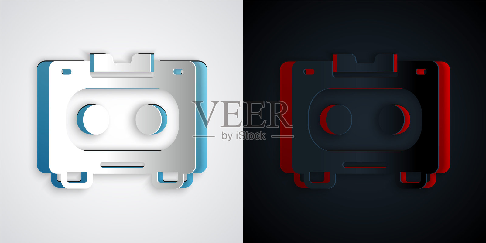 剪纸复古音频盒式磁带图标隔离在灰色和黑色背景。纸艺术风格。向量图标素材