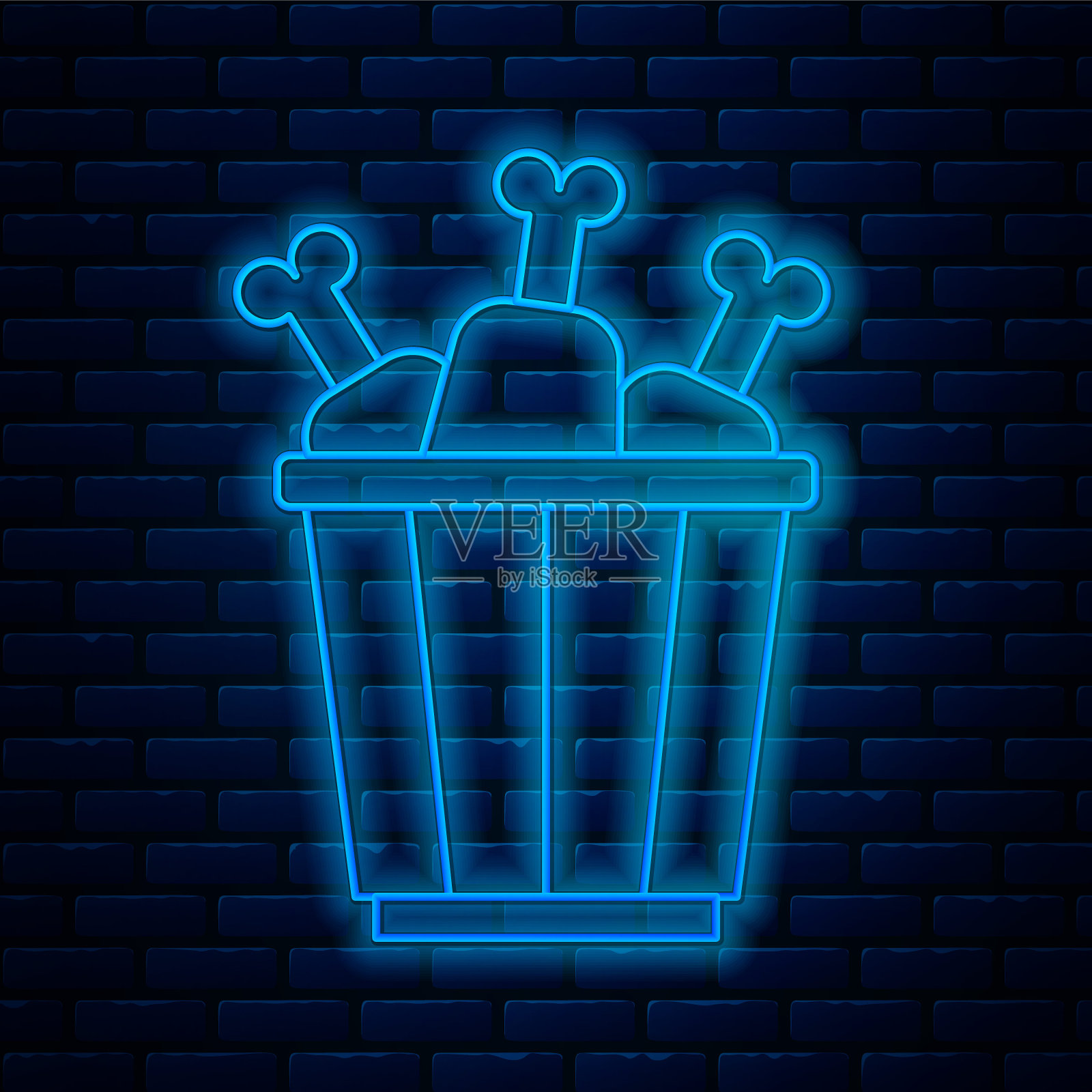 发光的霓虹灯线鸡腿在包装盒图标隔离在砖墙背景。鸡腿。向量插画图片素材