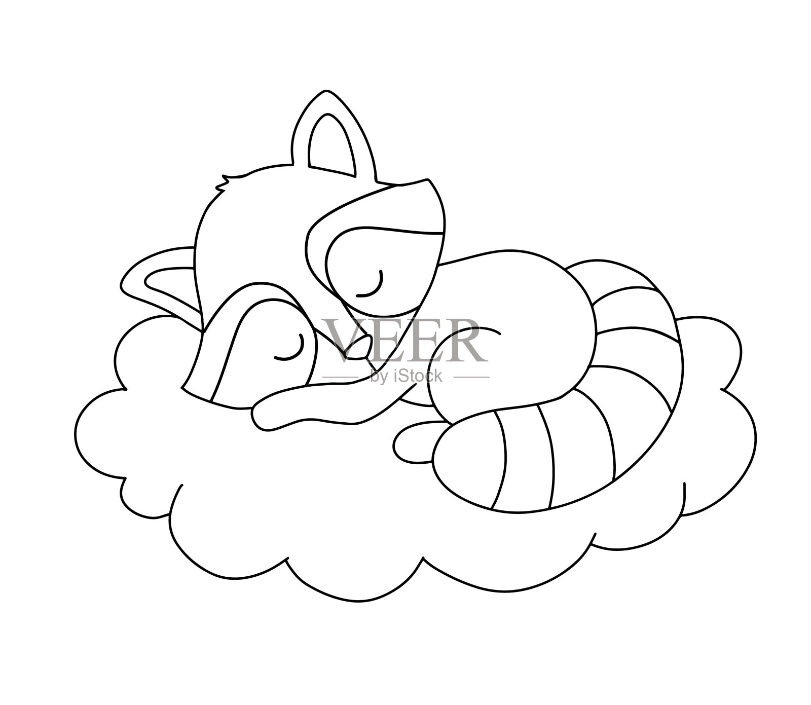 可爱的浣熊在云上做梦。卡通手绘矢量轮廓插图着色书。线宝宝动物插画图片素材