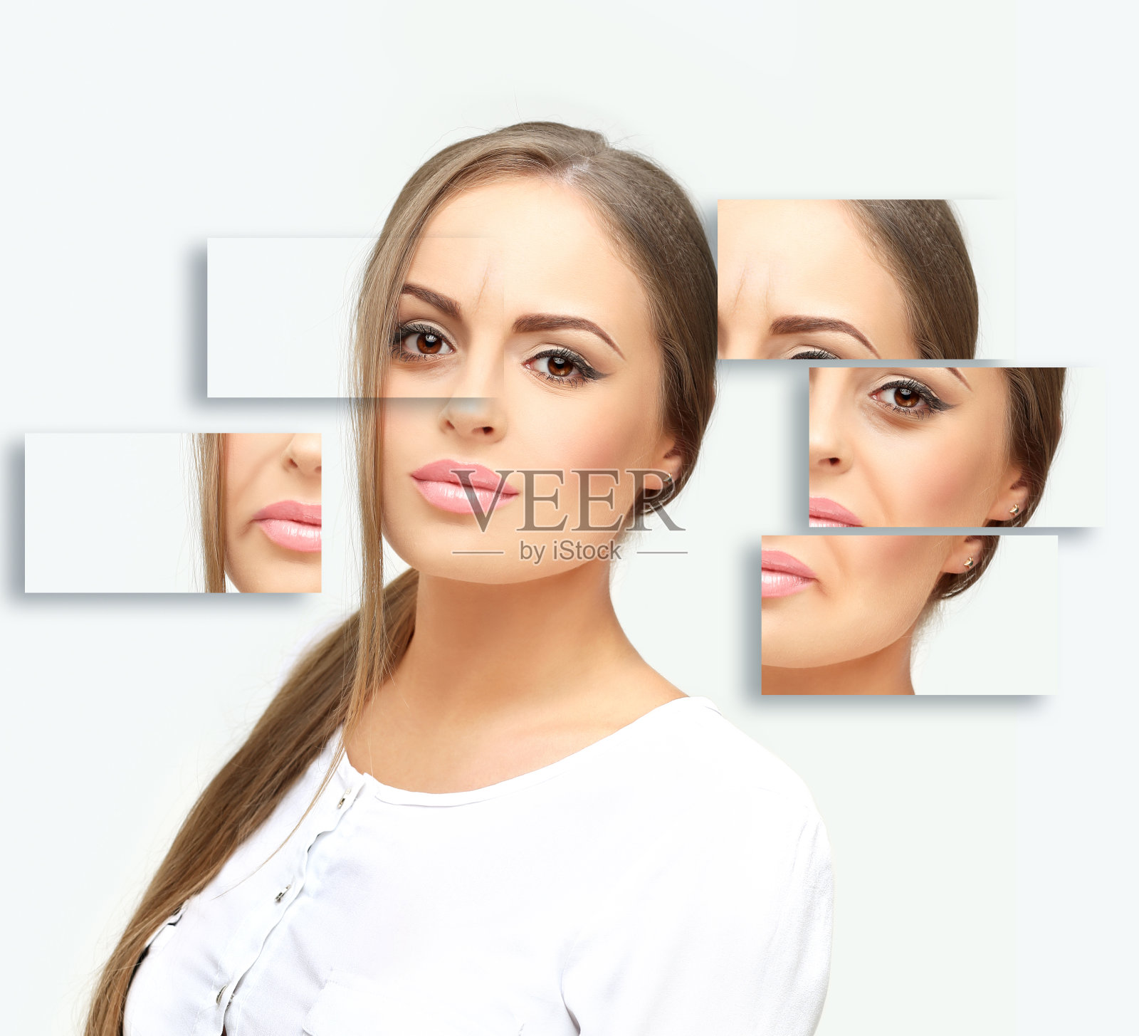 衰老的影响,皱眉纹,鼻唇纹,脖子,黑眼圈,颈纹。整形手术结果照片摄影图片