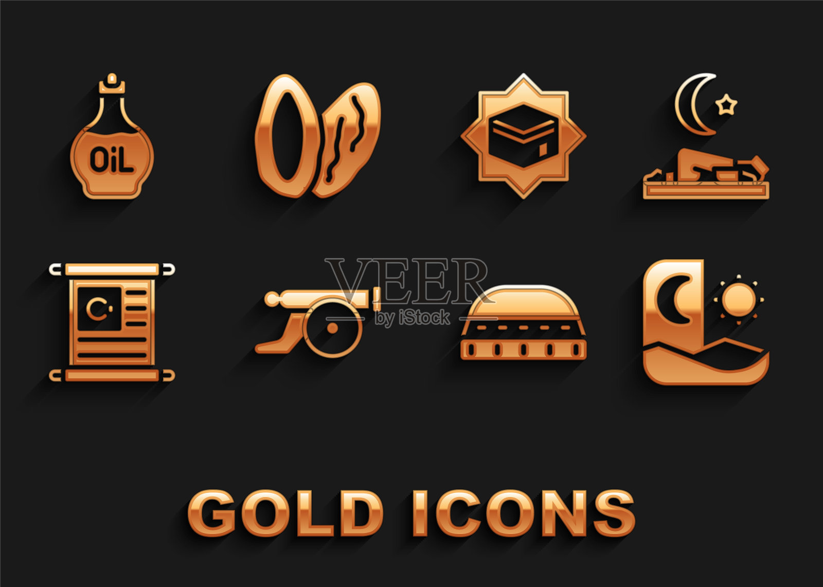 设置斋月大炮,穆斯林男子祈祷,斋戒,祈祷帽,可兰经圣书,克尔白清真寺,精油瓶和枣子水果图标。向量图标素材