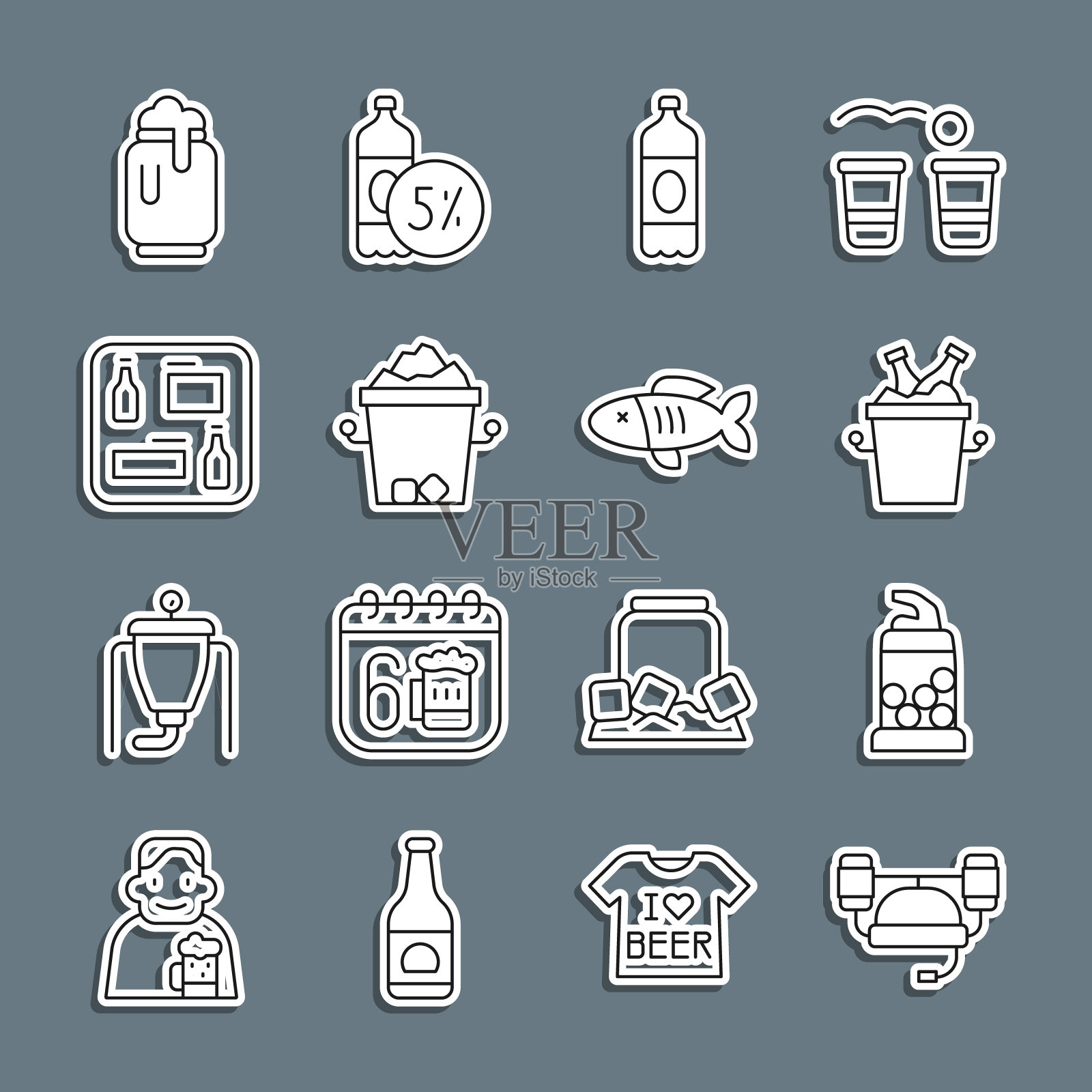 套装啤酒头盔,开瓶器,冰桶瓶,塑料啤酒,冰,菜单,罐头与泡沫和干鱼图标。向量图标素材