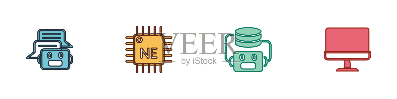 设置聊天机器人,处理器CPU,人工智能机器人和计算机显示器图标。向量插画图片素材