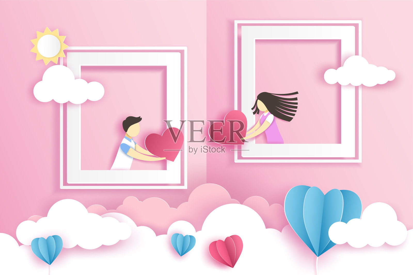 粉色背景下的情人节,白色窗户里的情侣手捧红心。矢量插图艺术设计在纸弹出或剪纸风格。插画图片素材