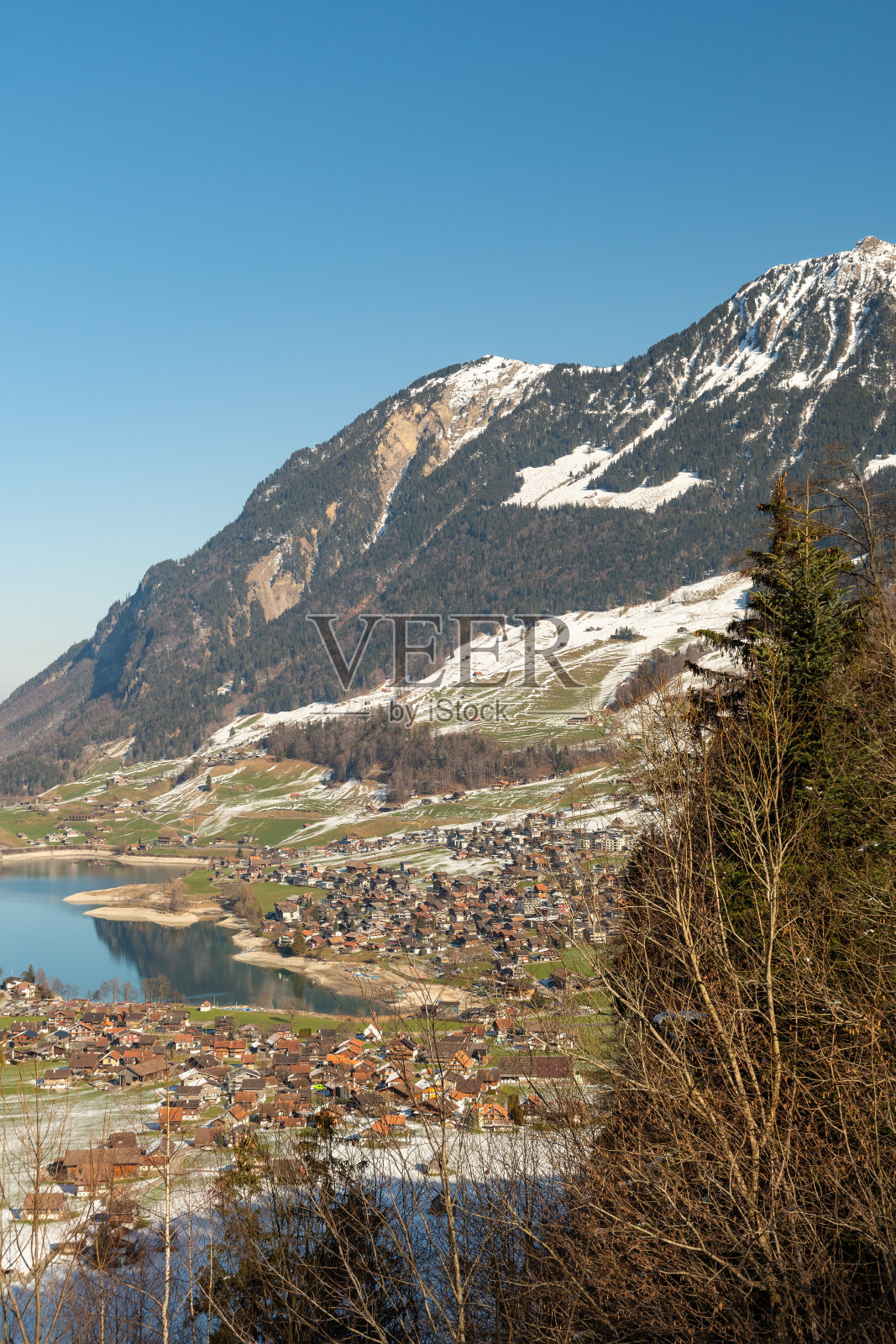 瑞士伦格恩的伦格尔湖周围环绕着一幅奇妙的山景照片摄影图片