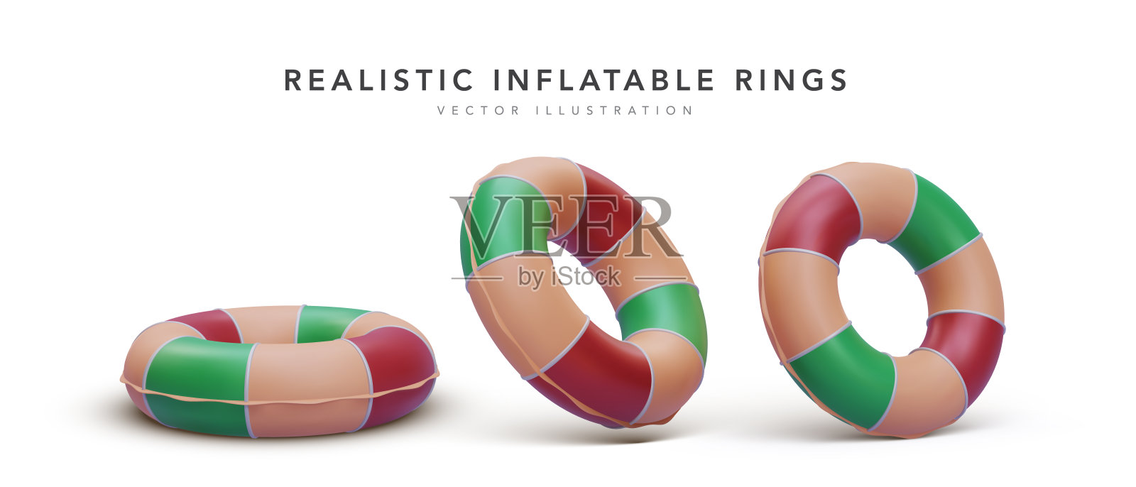 一套三维现实的充气环与阴影隔离在白色背景。矢量图插画图片素材