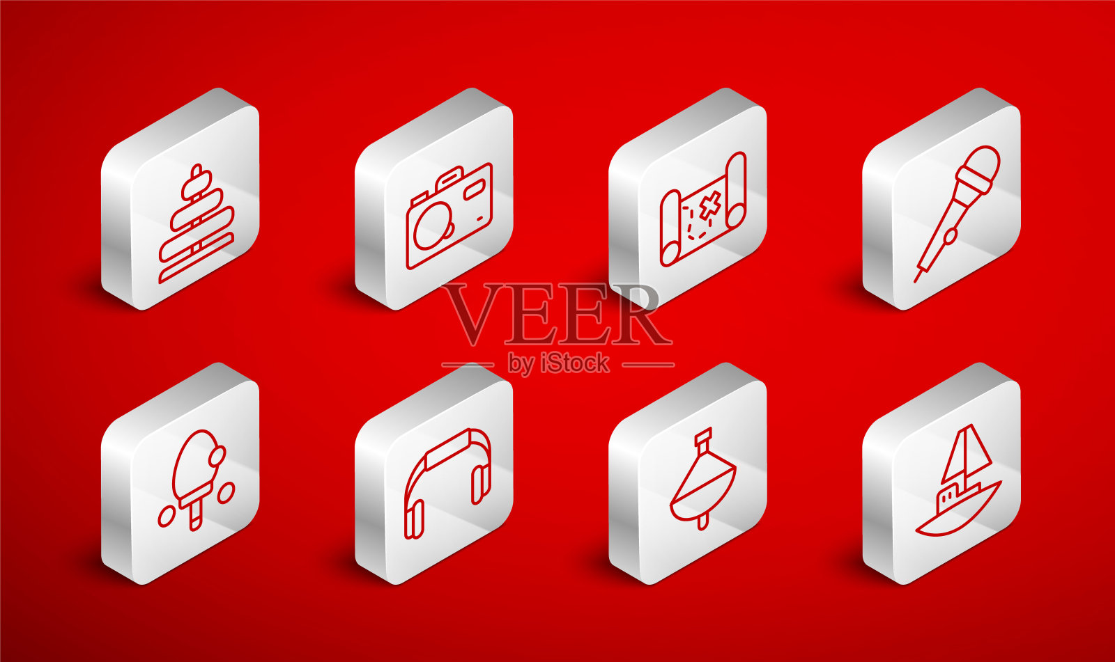 设定线玩具船,照相相机,海盗藏宝图,麦克风,旋转玩具,金字塔,耳机和球拍图标。向量图标素材