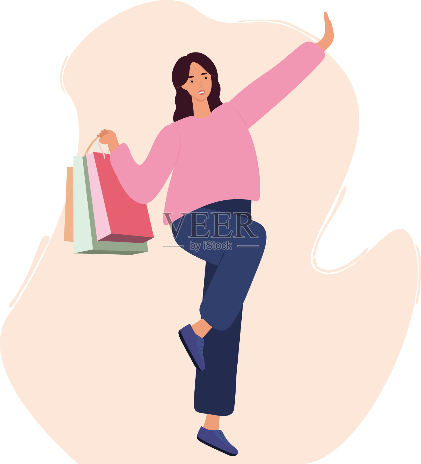 年轻快乐的女人玩购物袋插画图片素材