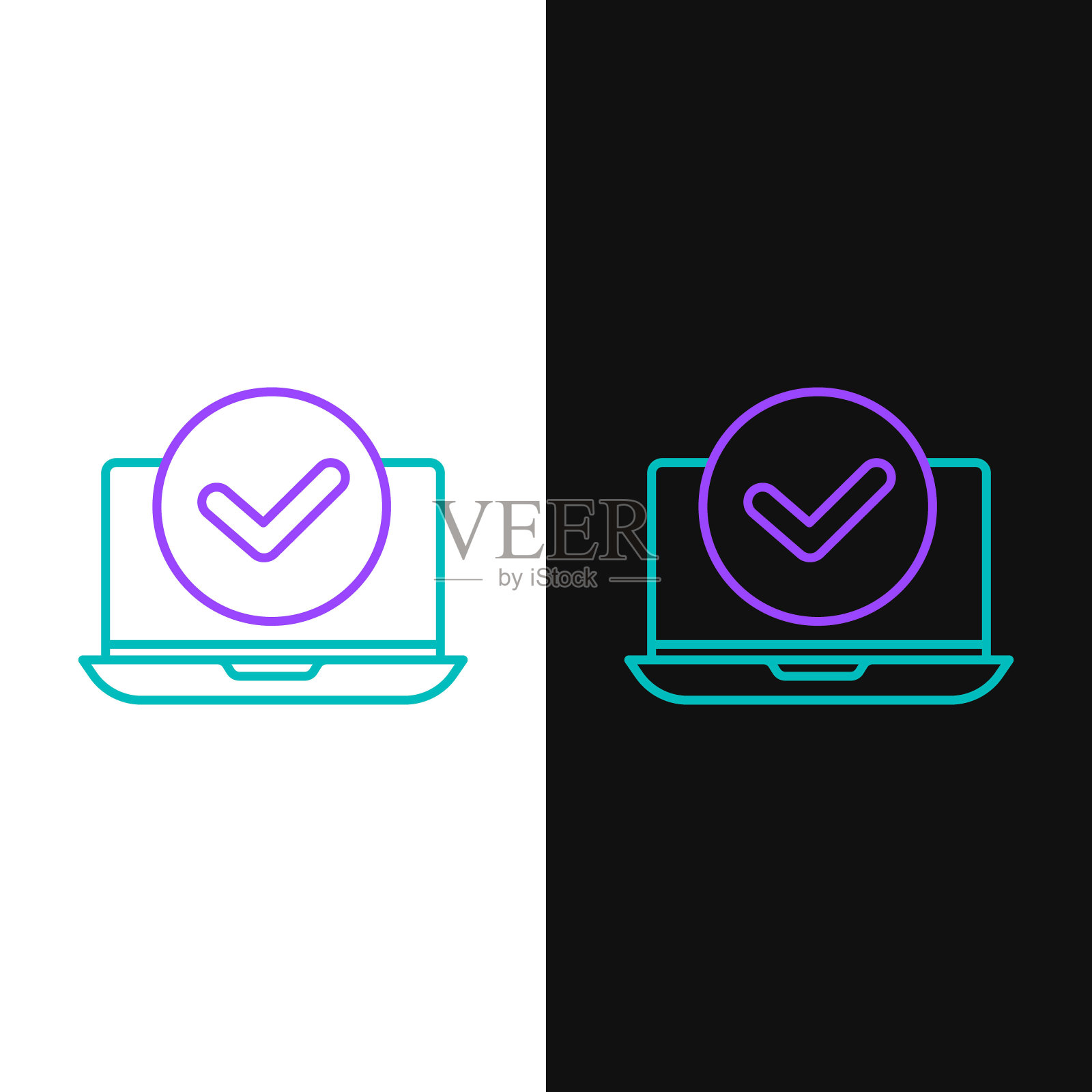 线笔记本电脑图标隔离在白色和黑色背景。电脑笔记本屏幕空白。彩色轮廓概念。向量插画图片素材